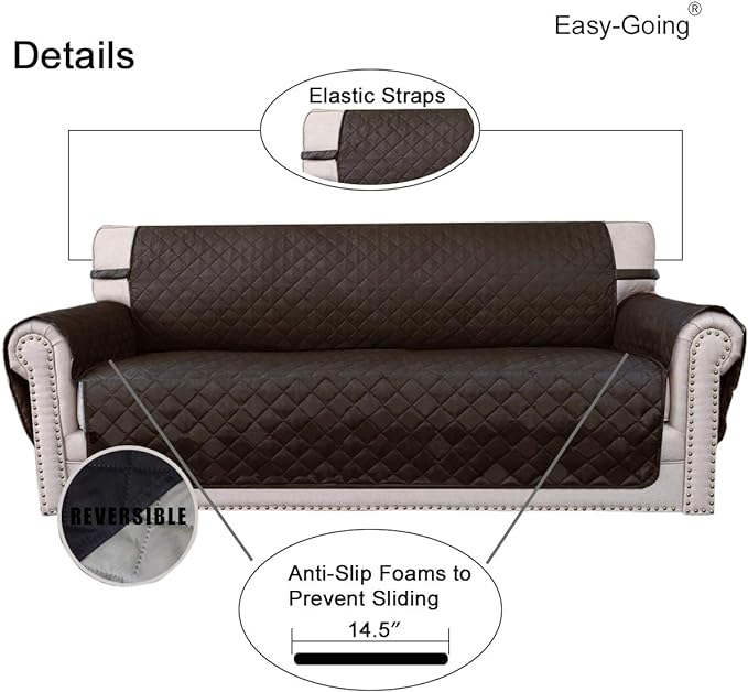 Easy-Going Reversible Loveseat Couch Cover for 2 Cushion Couch Sofa Cover for Dogs Water Resistant Furniture Protector with Foam Sticks Elastic Straps for Pet (Loveseat, Chocolate/Beige)