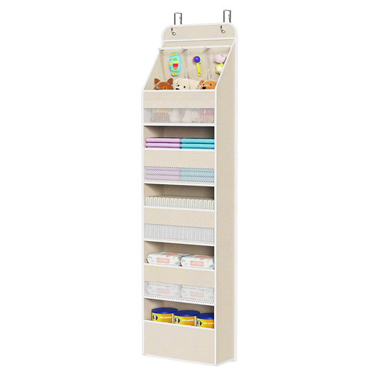 Univivi 6-Shelf Over Door Hanging Organizer Fabric Baby Door Storage with 5 Extra Large Capacity Pockets Behind the Door Hanging Storage Organizers Easy Install Door Storage for Baby Essential (Beige)