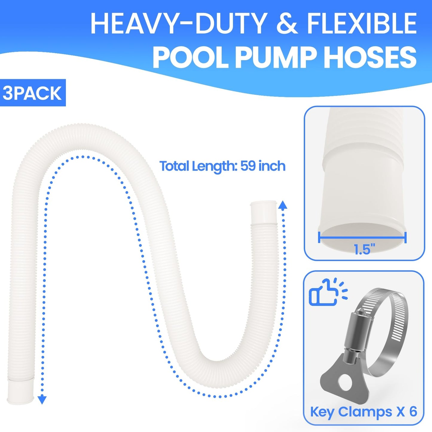 Poolvio 1.5" x 59" Above Ground Pool Hoses, 3-Pack, White- Heavy Duty UV Resistant Leak-Proof Replacement Hoses with 6 Metal Thumb Clamps, Perfectly Fits Intex Filter Pumps & Pool Surface Skimmers