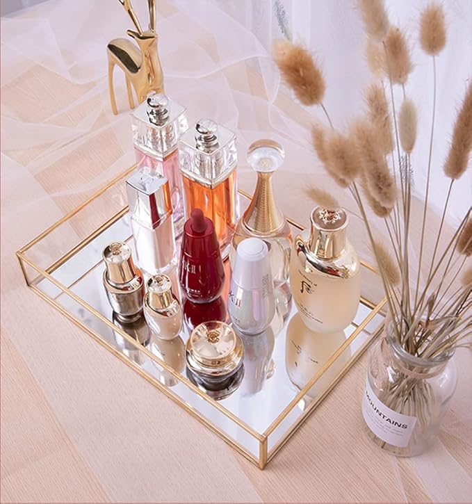 Sooyee Gold Rectangle Mirror Tray, Metal and Glass Decorative Tray Can Hold Perfume, Jewelry, Cosmetics, Makeup, Magazine and More for Vanity, Dresser, Bathroom, Bedroom (12"x8")
