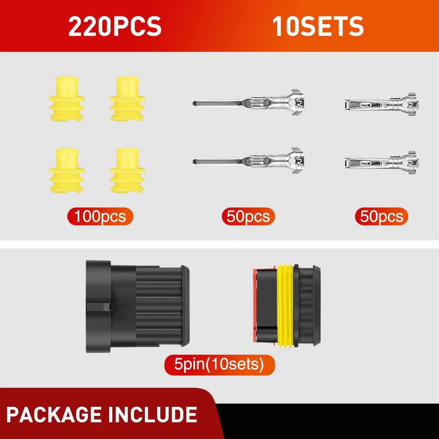 Nilight 220PCS 5 Pin Electrical Connector ‎Plug Male Female Terminal Wire Connectors Waterproof 5 Way Automotive Connect Set for Car Truck Motorcycle Marine Boat 10 Sets