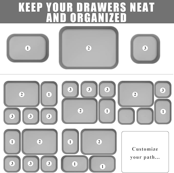 Plastic Drawer Organizers, 10 PCS Drawer Organizer Bins, Bathroom and Vanity Organizer Plastic Tray, Makeup Organizer and Storage for Makeup, Bedroom, Kitchen Gadgets Utensils and Office (Gray)
