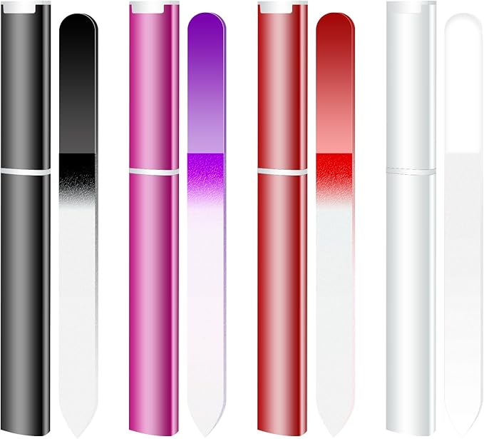 WOKOTO 4 Pcs Crystal Glass Nail Files with Case for Natural Nails, Professional Glass Emery Boards Double-Sided Glass File for Women Adults Fingernail Files Nail Buffer (Black,Purple, Red, Silver)