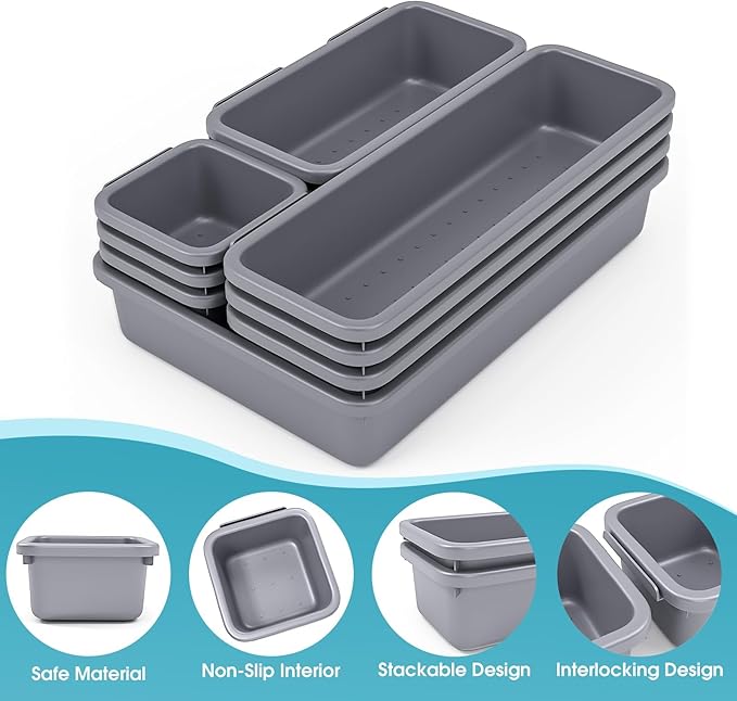 10 PCS Drawer Organizer Set, 4 Size Makeup Drawer Divider Organizer With Non-Slip Pads, Interlocking Plastic Storage Bins for Office,Jewelry Vanity,Gadgets, Bathroom,Kitchen, Grey