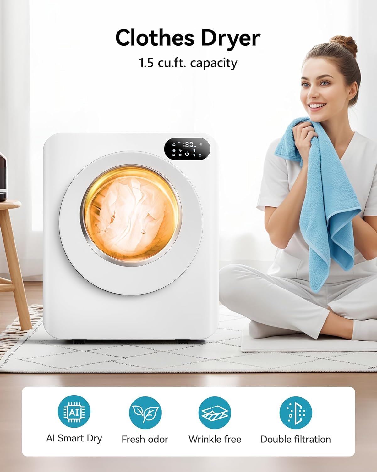 Euhomy Portable Dryer，1.5 Cu.Ft Clothes Dryer with Stainless Steel Drum, 850W Drying Machine with Exhaust Pipe, LED Control Panel For Apartments, Home, Dorm, White