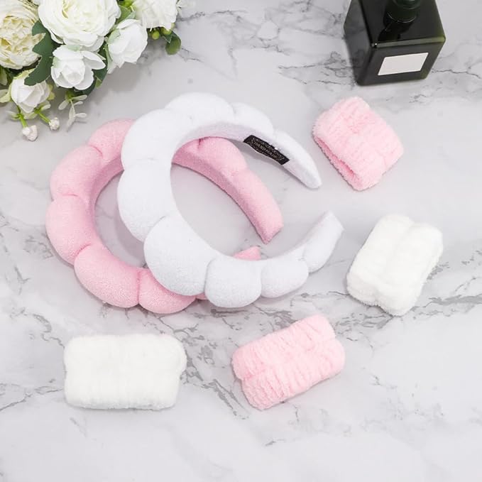 SPA Headbands for Washing Face Makeup Headbands with Bow Hair Band Women Facial Head Band Wrist Towel Wraps For Shower Face Mask Pink White, 6 Pack