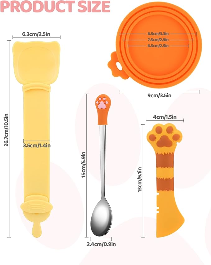 5 PCS Cat Food Can Covers Lids Set, Silicone Pet Food Can Lids with Multi-Function Cat Food Spoon and Opener, Cat Bar Squeezer, Stainless Steel Wet Food Spoon for Cats and Dogs (Orange)