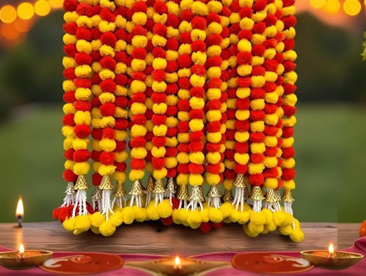 Krati Exports 5 Pc 5 feet Long Marigold Garland for Decoration Long Strands Artificial Marigold Flowers | Indian Décor for Pooja | Wedding | Christmas | Diwali Decor (Yellow & Orange)