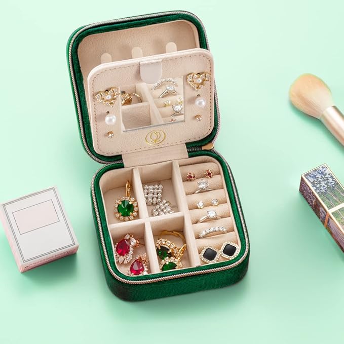 Plush Velvet Travel Jewelry Case, Organizer, Box, Small Case for Women, Earring Organizer with Mirror, Best Gifts For Daughter, Girlfriend, Mom | Gifts For Her - Emerald Green