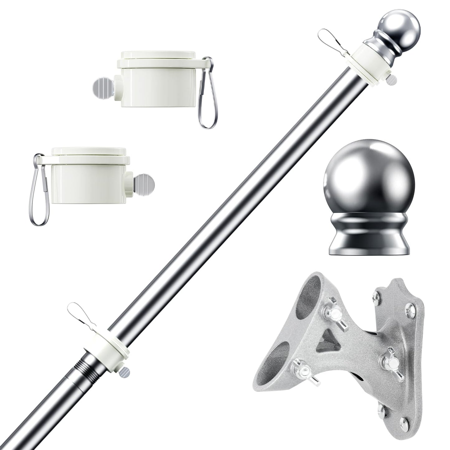 PHITRIC Flag Pole Kit, Tangle Free Spinning Stainless Steel Rustproof Flagpole for 3x5 Sports Fan Outdoor Flags for Outside House (Silver, 5FT, with Bracket)