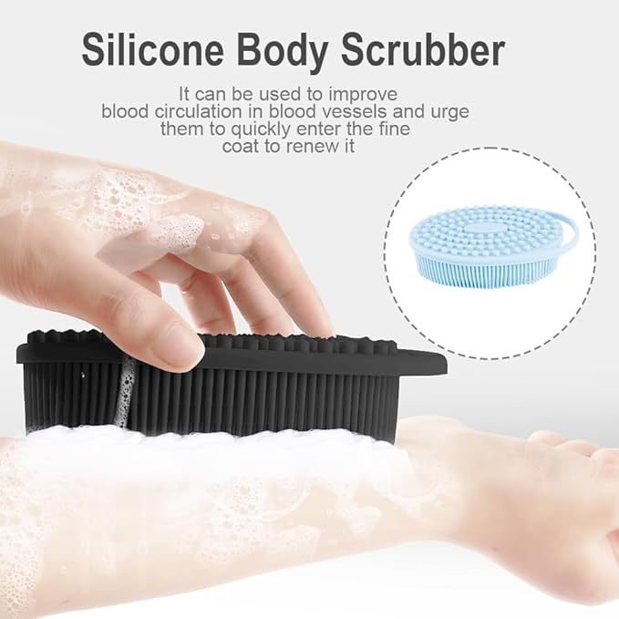 Soft Silicone Body Scrubber 3 PCS Silicone Body Shower, Silicone Loofah 2 in 4 Bath and Shampoo Brush, Body Scrubber Shower Cleaning Exfoliating Use,Lather Well, Black,Blue,Grey