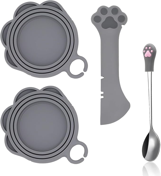 SJANE 4 Pcs Cat Food Can Spoon & Can Covers | Cute Paw Silicone Pet Food Can Opener Spatula & Can Lids | Stainless Steel Wet Food Spoon for Cats and Dogs(Grey)