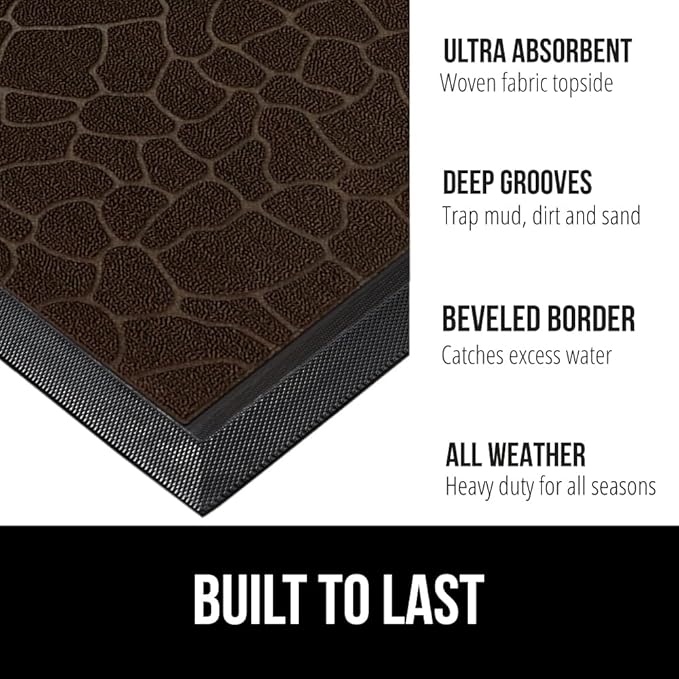 GORILLA GRIP 100% Waterproof All-Season WeatherMAX Doormat, 72x24, US Designed Natural Rubber, Stain and Fade Resistant, Low Profile Indoor Outdoor Door Mats, Easy Clean Patio Mat, Dark Brown Pebble