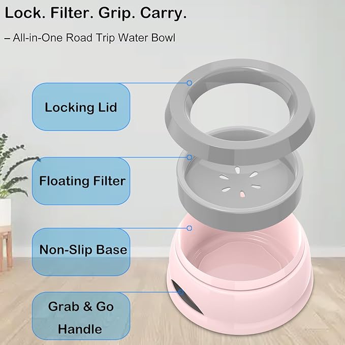 25oz Slow Drink Dog Water Bowl, No Spill Water Bowl for Dogs Cats, Non-Splash No Mess Puppy Kitten Water Feeder, Carried Portable Base for Vehicle Car,Travel,Home (Small/Medium Pets) - Pink