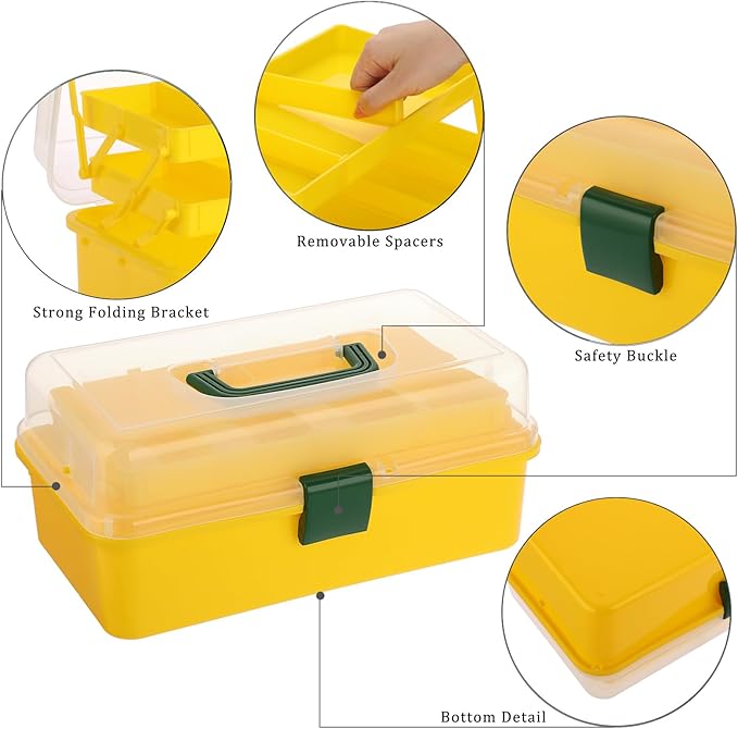 BTSKY 3-Layer Plastic Dividing Storage Box Craft Organizer with Adjustable Spacers Portable Handled Art Supply Organizer Multipurpose Home Utility Box for Sewing (Yellow+Green)