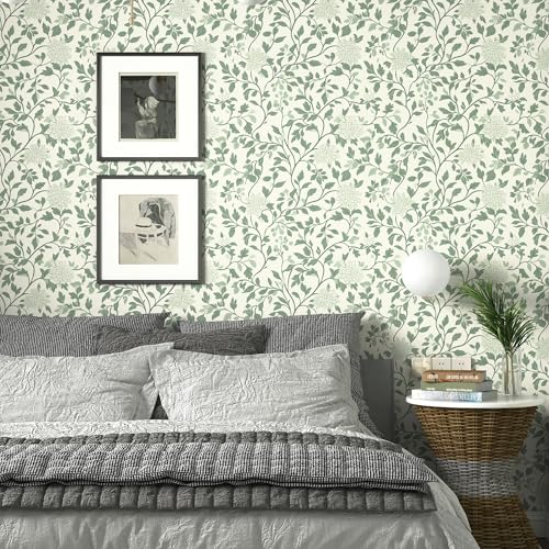 Leaf Peel and Stick Wallpaper Boho Contact Paper 17.3"x78.8" Green and Beige Floral Wallpaper Self Adhesive Removable Wall Paper Bathroom Decoration Wallpapers for Bedroom Vinyl Roll