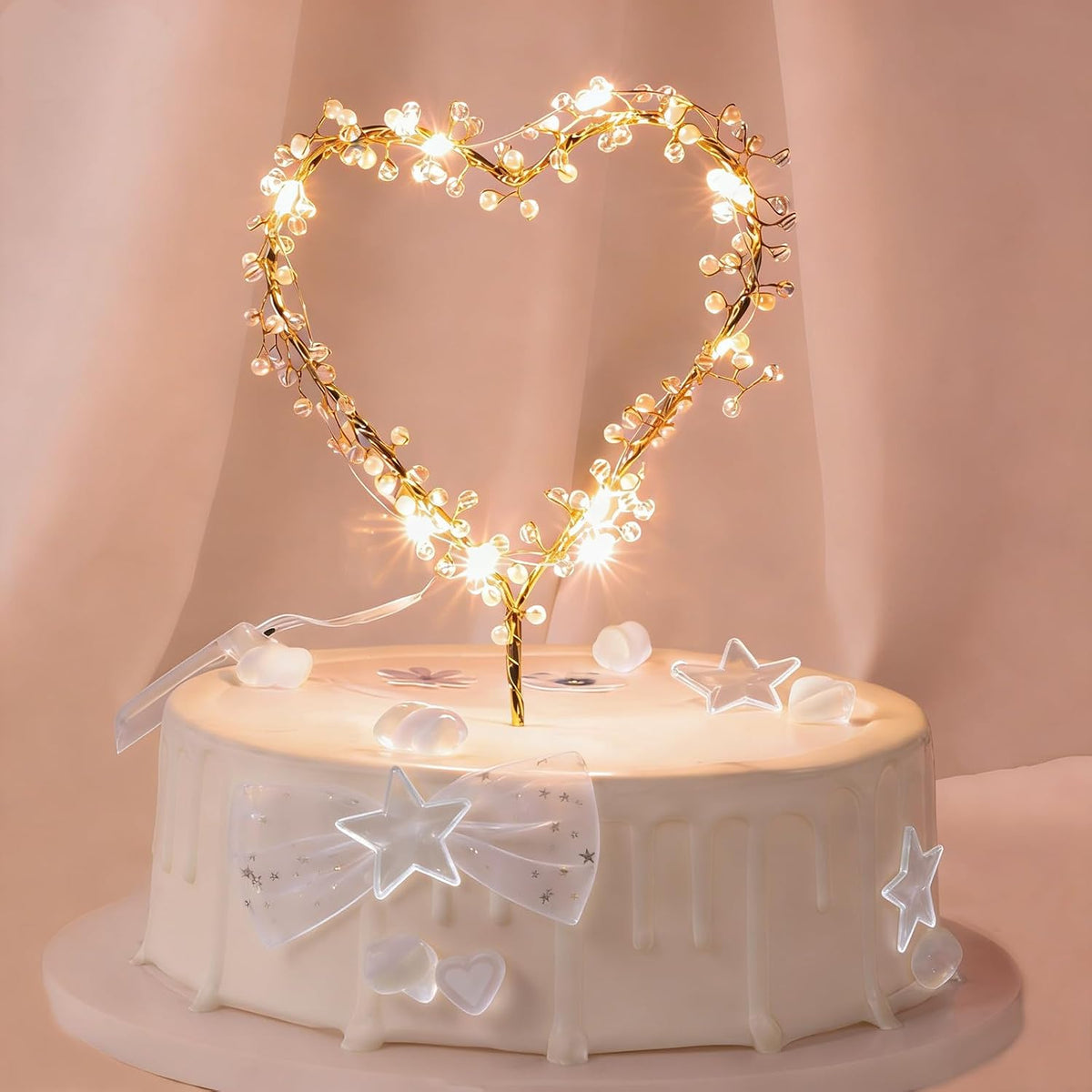 Wedding Cake Toppers Heart Pearl Cake Topper Gold Light Heart Cake Decoration for Birthday Wedding Engagement Anniversary Cake Decor