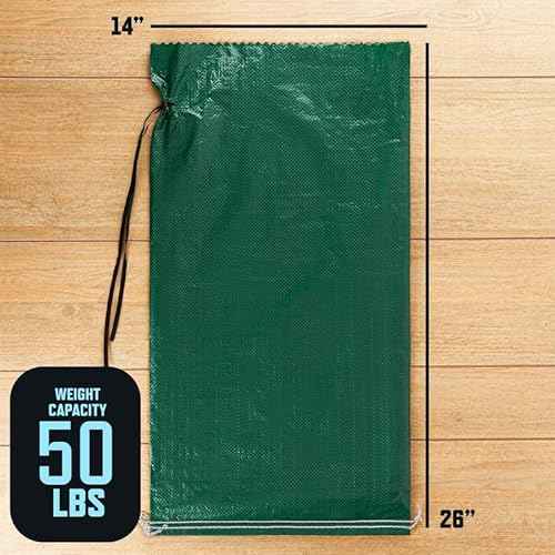 Green Heavy Duty Sand Bags for Flooding - 50 lb Empty 50 Pack of Sandbags with Tie Strings for Flood Control - 1600 Hours of UV Protection Woven Polypropylene Bags - 14 x 26 Inches