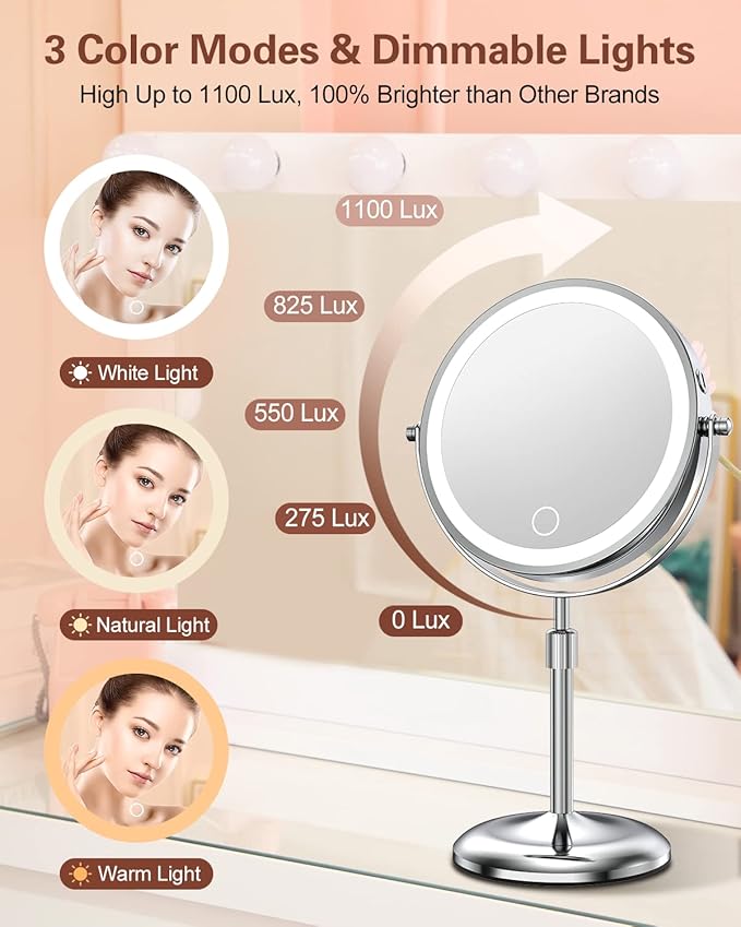 Benbilry Lighted Makeup Mirror with Magnification 10X & 3 Color Lights, Adjustable Brightness & Height, 7 Inch 360° Swivel Rechargeable LED Magnifying Make Up Vanity Mirror with Lighting (Silver)