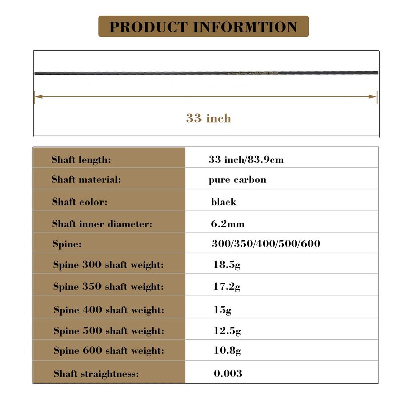 TOPARCHERY Arrow Shaft Pure Carbon Shafts 33 Inch Arrow Tube for DIY Hunting Arrows Recurve Bow Compound Bow 12Pcs (Spine:300)