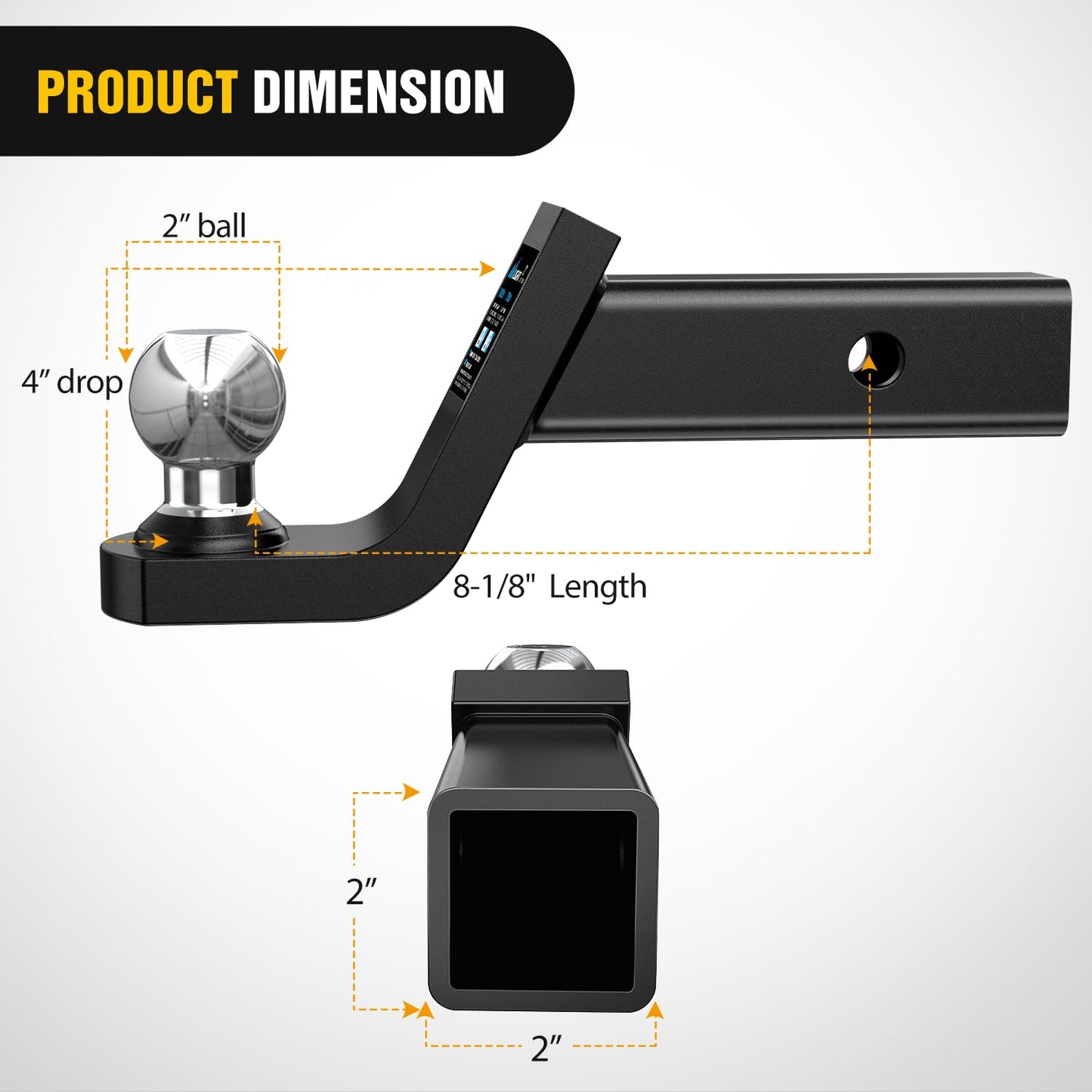 Nilight Fusion Trailer Hitch Mount w/Welded 2 Inch Trailer Ball & Hitch Pin, Fits 2 Inch Receiver, 7500 lbs 4" Drop