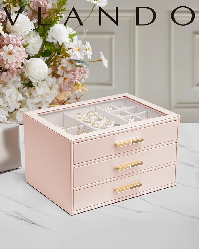 Vlando Jewelry Box for Women, Glass Lid Jewelry Organizer with 3 Drawers for Necklaces Rings Earrings Bracelets Mother Day Gift for Mom - Dark Pink