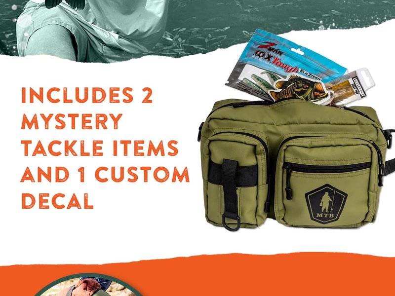 Catch Co Mystery Tackle Box Pond Prowler Sling Fishing Lure Kit – Green Sling Pack with Bonus Multi-Species Bait, Fishing Gear Storage, and Decal