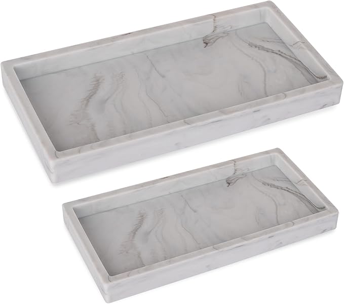 Bathroom Tray, Small Vanity Tray Silicone Soap Dish Sponge Holder Kitchen Sink Organizer Bathroom Accessories for Countertop, Toilet, Shower, 2 Pack, Marble Grey