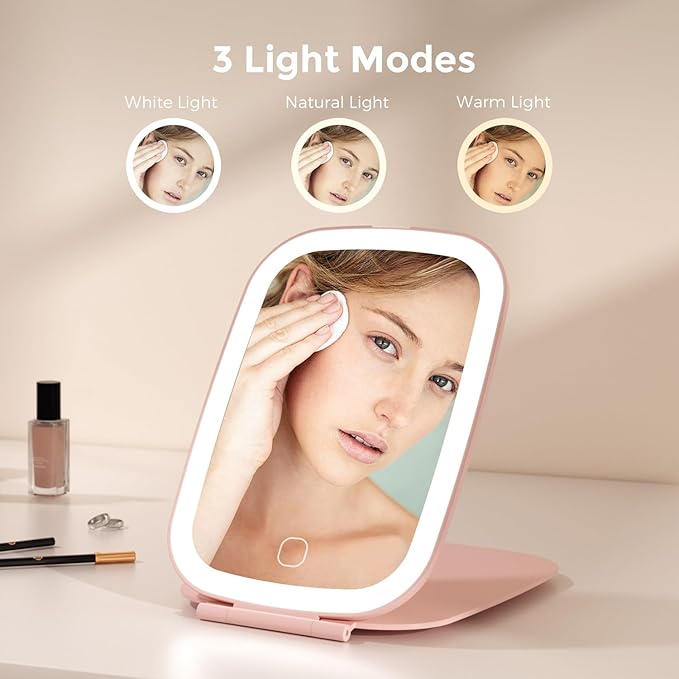 Rechargeable Travel Makeup Mirror with LED Light, 3 Lighting Modes, 7 x 5 Inch Foldable Vanity Mirror for Desk or On The Go, Pink