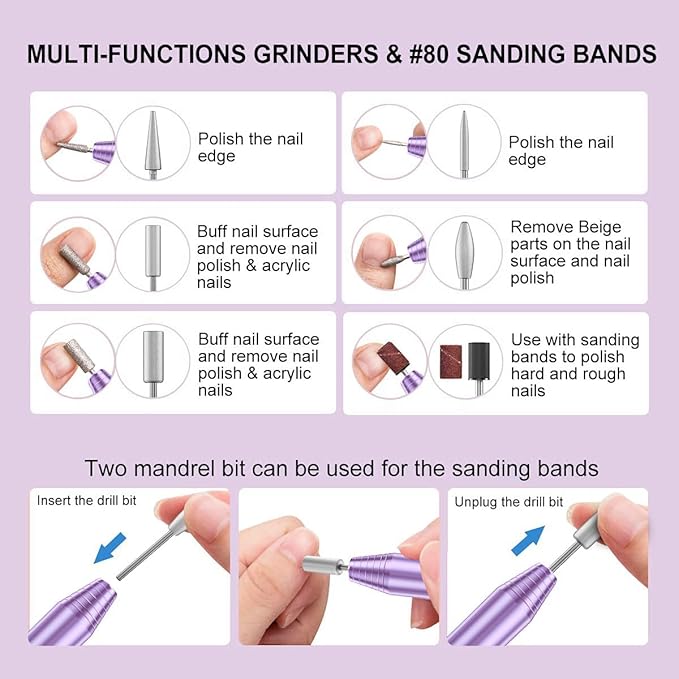 Electric Nail Drill,USB Electric Nail Drill Machine for Acrylic Nail Kit,Portable Electric Nail File Polishing Tool Manicure Pedicure Kit Efile Nail Supplies for Home Salon,Lilac