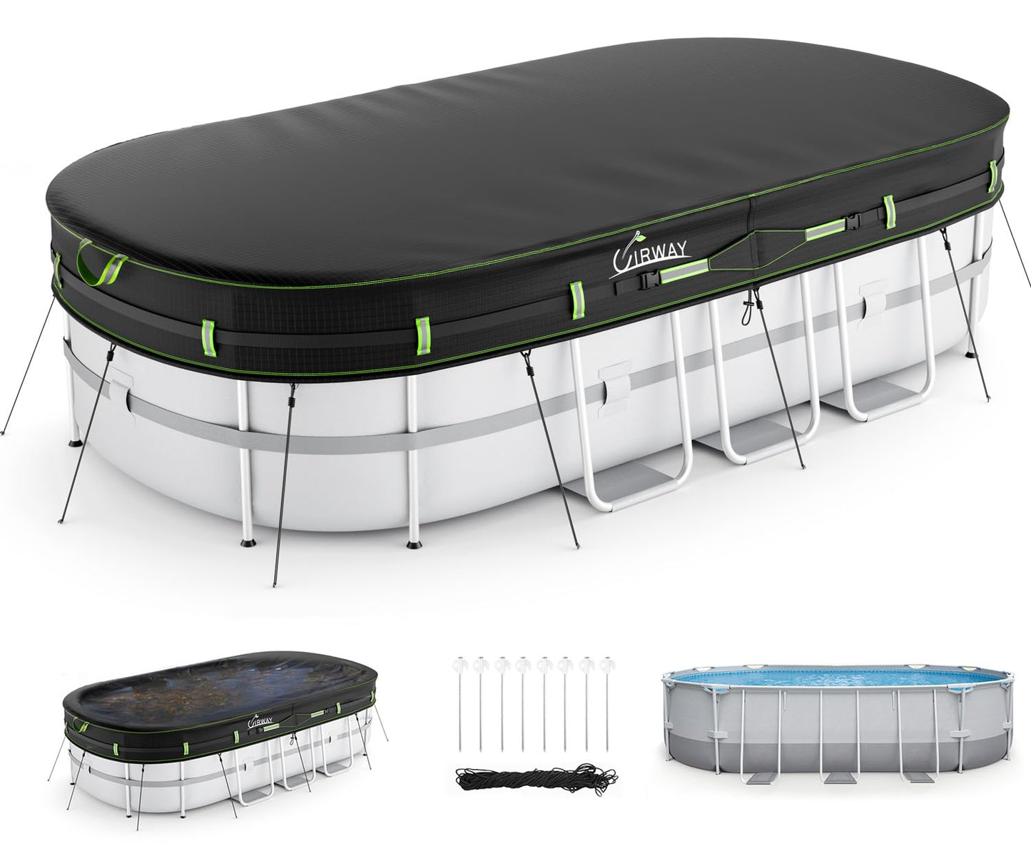 UIRWAY 12x24 FT Oval Pool Cover with Reflective Strips for Above Ground Pool, Oval Solar Pool Cover Including Windproof Rope Tie and Luminous Ground Nails, Swimming Pool Cover with 2 Handles