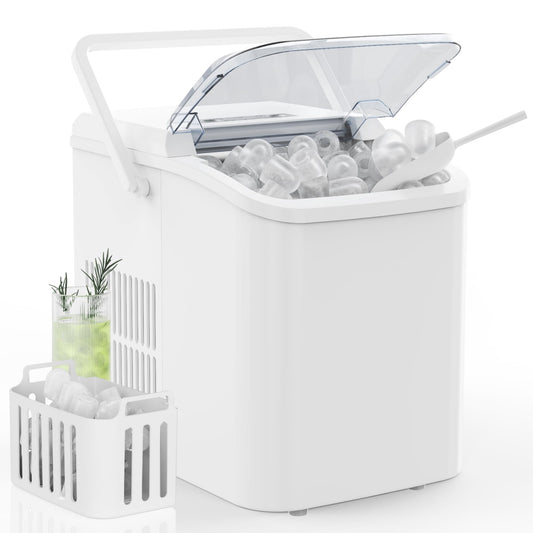 DUMOS Countertop Ice Maker with Handle, 26lbs/24H Portable Ice Machine, 9 Bullet Ice Cubes Ready in 6 Mins, Self-Cleaning, Quiet Compact Ice Maker for Home, Kitchen, RV, Camping, White