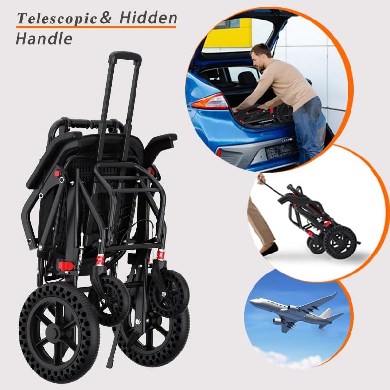 18”W x 18”D Seat Wheelchairs for Adults Transport Chair Lightweight Foldable with Telescopic Handle, Portable Folding Travel Wheel Chairs for Seniors，21.4 lbs，12” Rear Wheel