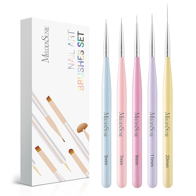 MelodySusie Nail Art Liner Brushes 5Pcs Professional Gel Polish Painting Art Design Pen Set for Thin Long Lines, Tiny Details, Fine Drawing, Delicate Coloring Sizes 5/7/9/11/20mm