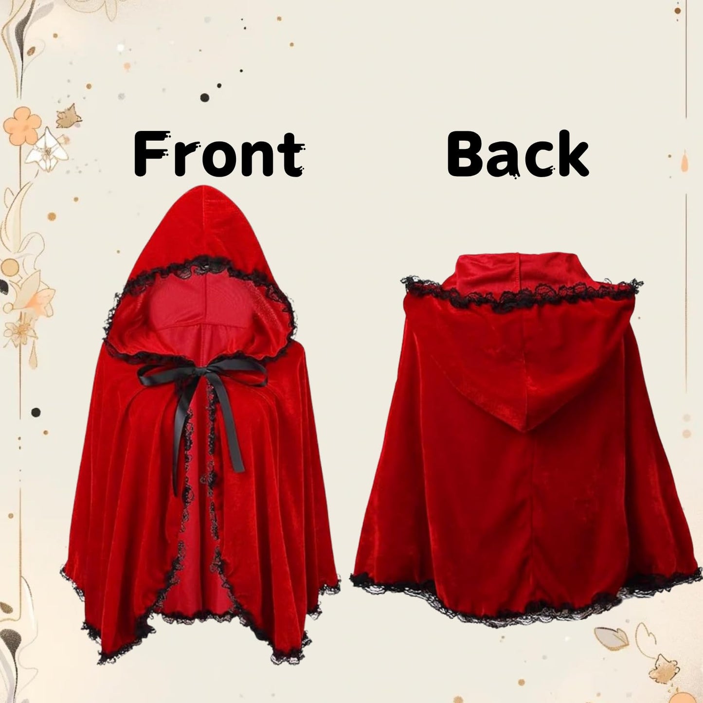 Colorful House Velvet Red Riding Hooded Cape Halloween Christmas Cloak(Black Lace Bright Red,23.62'')