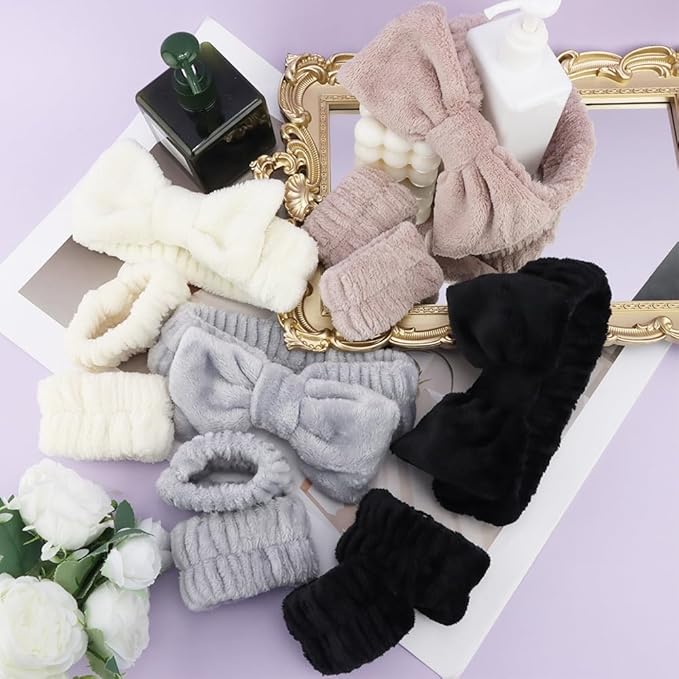 AOPRIE SPA Headbands for Washing Face Makeup Headbands with Bow Hair Band Women Facial Head Band Laurel Wrist Towel Wraps For Shower Face Mask Gray Black White Beige, 12 Pack