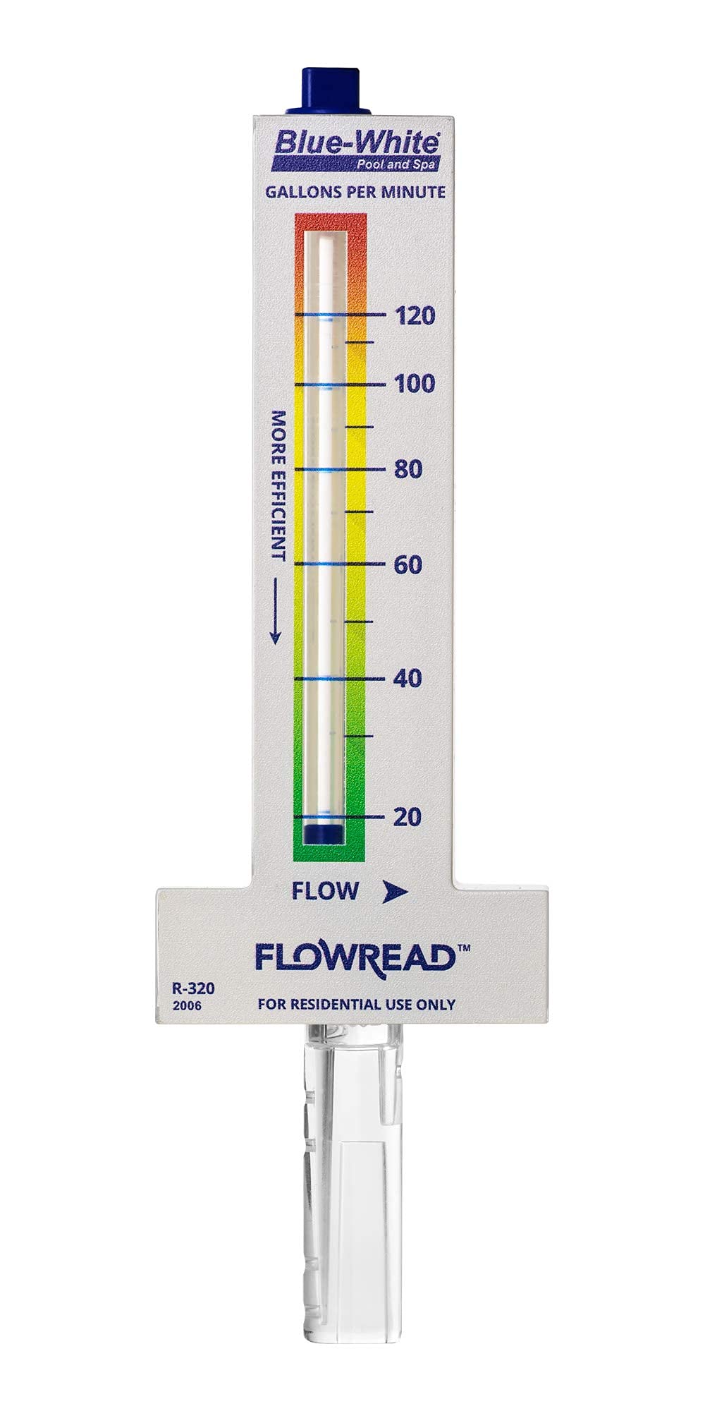 Blue-White FLOWREAD® R-320, 20-120 GPM, Acrylic Flow Meter for 2" ID Pipe, accurate flow rate measurement for residential swimming pools
