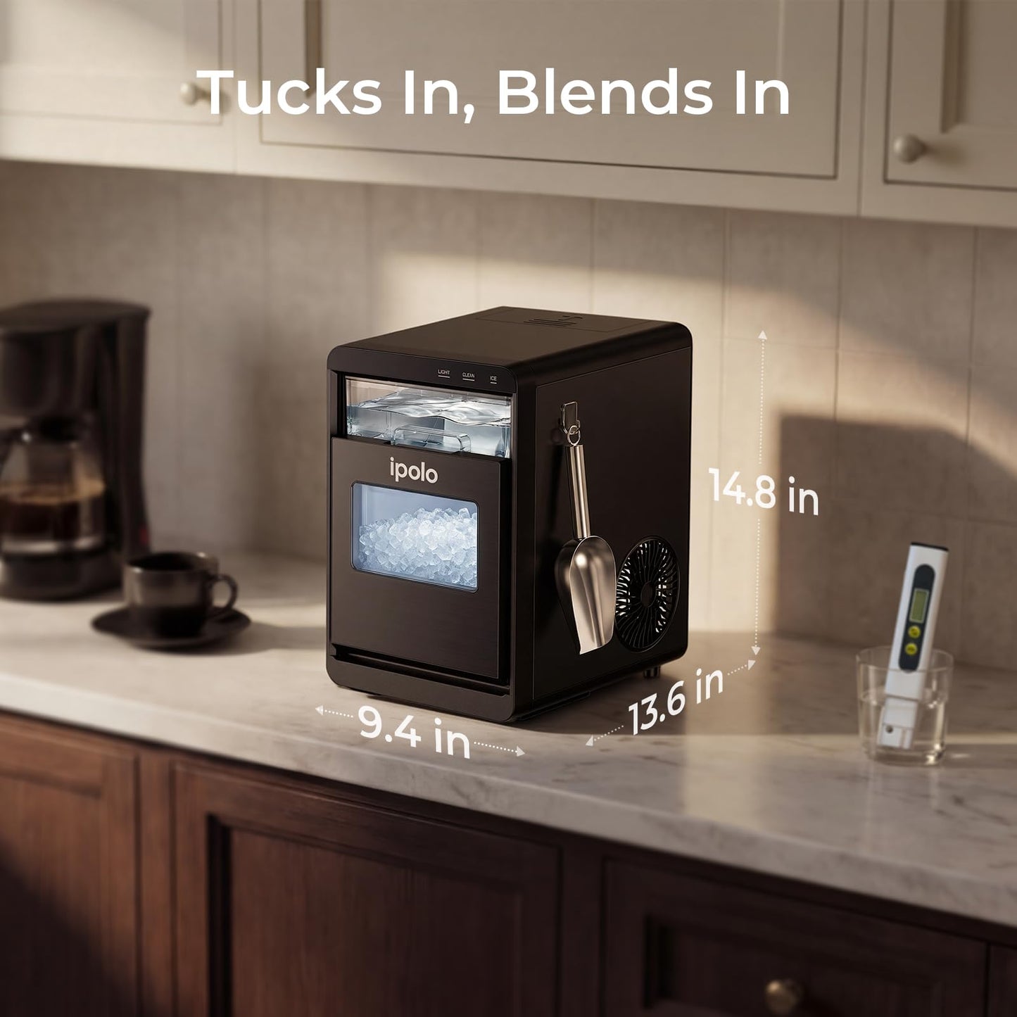 ipolo Nugget Ice Maker Countertop: 44lb/Day, Self-Cleaning, Black Stainless Steel, Portable, Soft Chewable Pebble Ice Machine for Home Kitchen, RV & Office