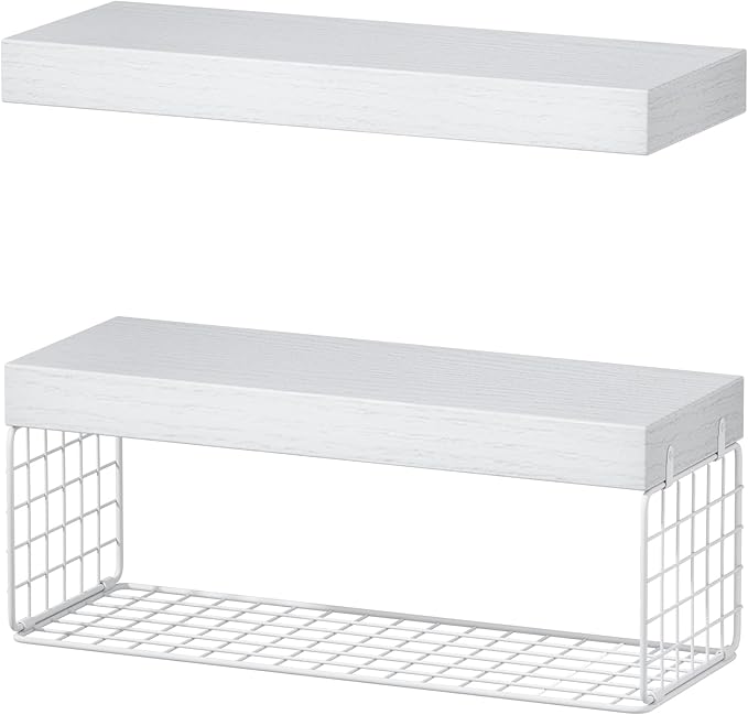 QEEIG White Bathroom Shelves Over Toilet - Wall Mounted Floating Shelves Farmhouse Shelf Toilet Paper Storage Small 16 inch Set of 2 (019-W2)