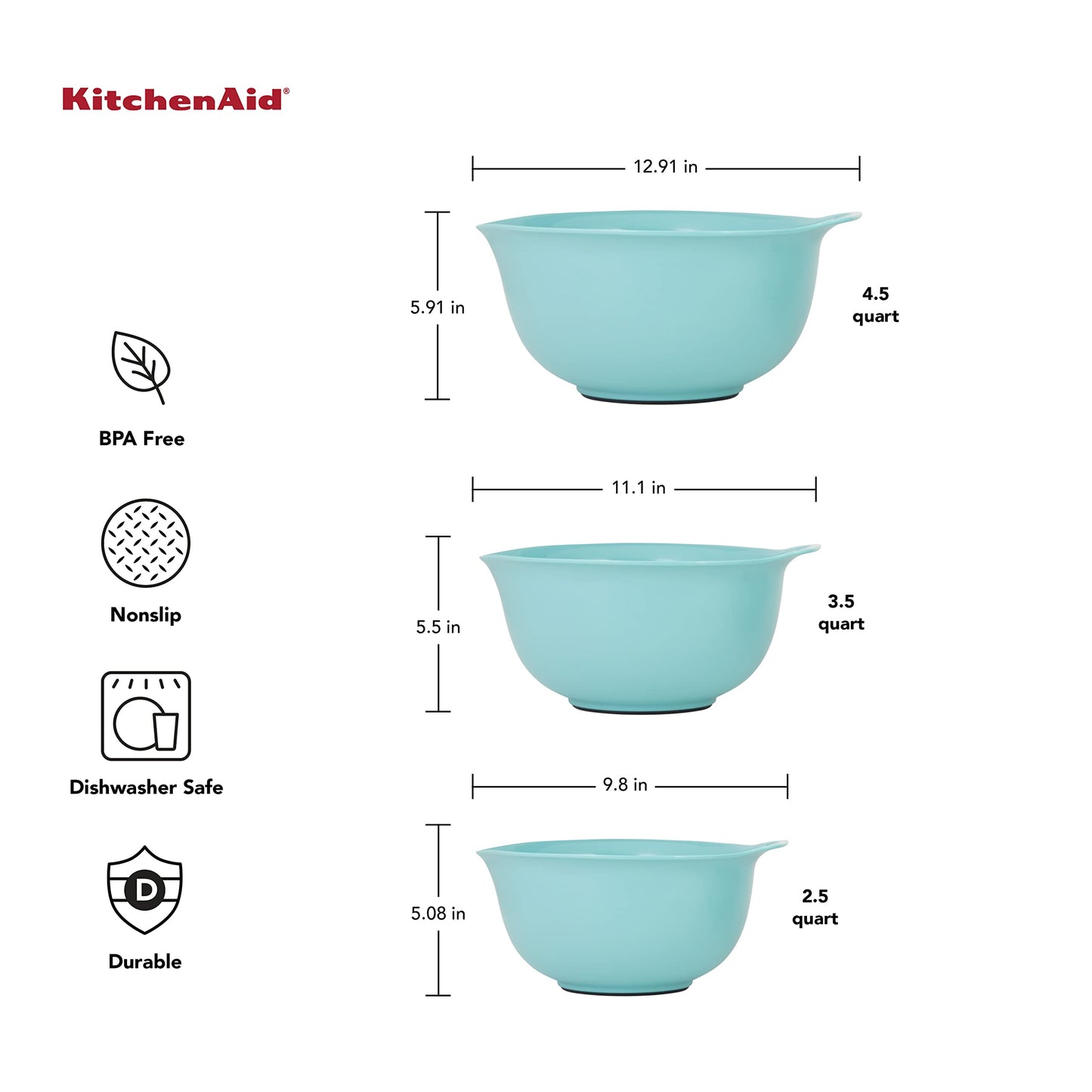 KitchenAid Universal Nesting Plastic Mixing Bowls with Non Slip Base and Pour Spout, Dishwasher Safe, Set Of 3, 2.5 quart, 3.5 quart and 4.5 quart, Aqua Sky