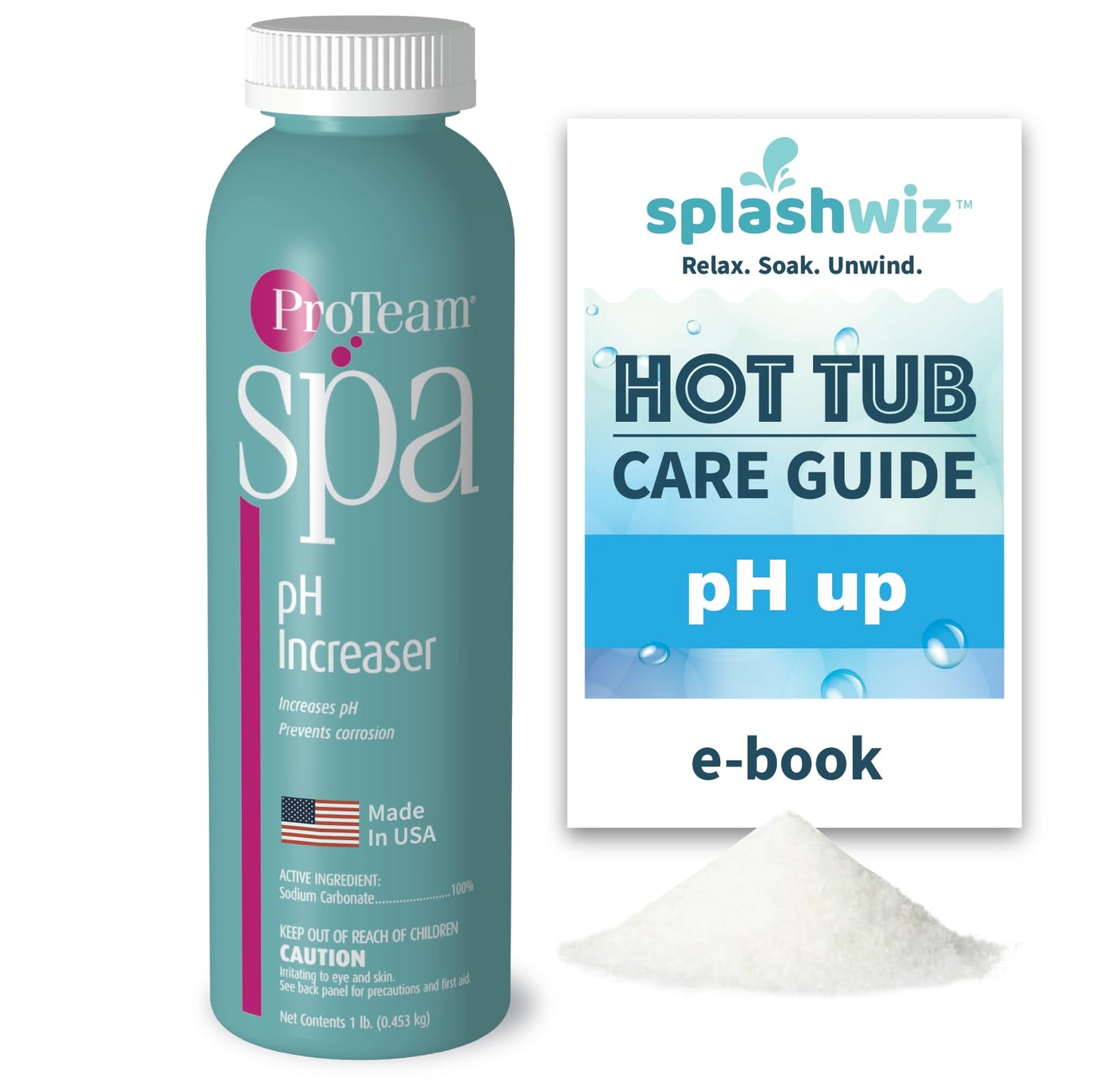 ProTeam Spa pH Increaser for Hot Tub - pH Up Hot Tub pH Increaser - with SplashWiz Hot Tub Chemicals Care Guide e-Book - Made in USA (1 lb)