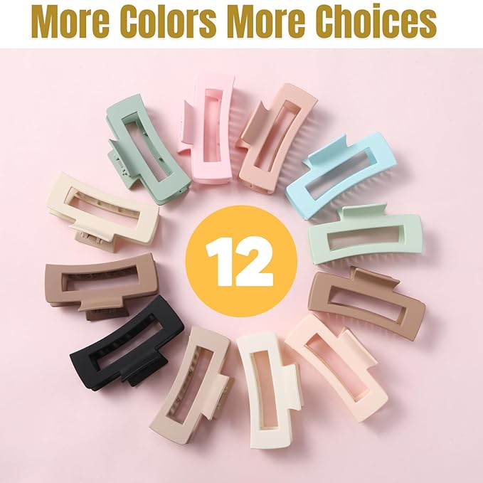 12 Pcs Pastel Square Hair Claw Clips for Women – Large 4.3" Matte Claws for Thick & Thin Hair, Cute Bulk Set for Girls, Coquette & Aesthetic Style