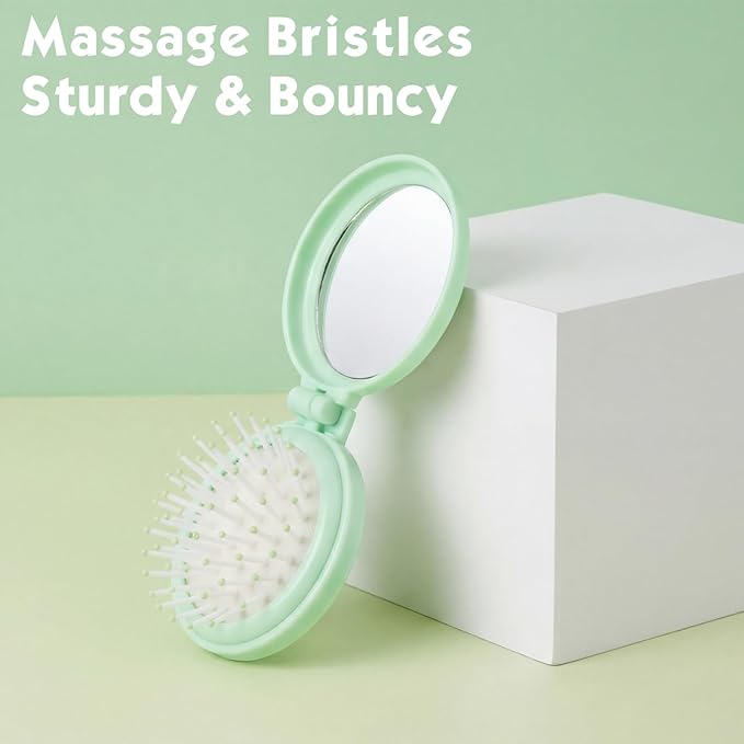 Boao 2 Pack Foldable Travel Mirror Hair Brushes Round Portable Folding Pocket Hair Brush Mini Comb Compact Travel Size Massage Comb for Men Women (Green,Round)