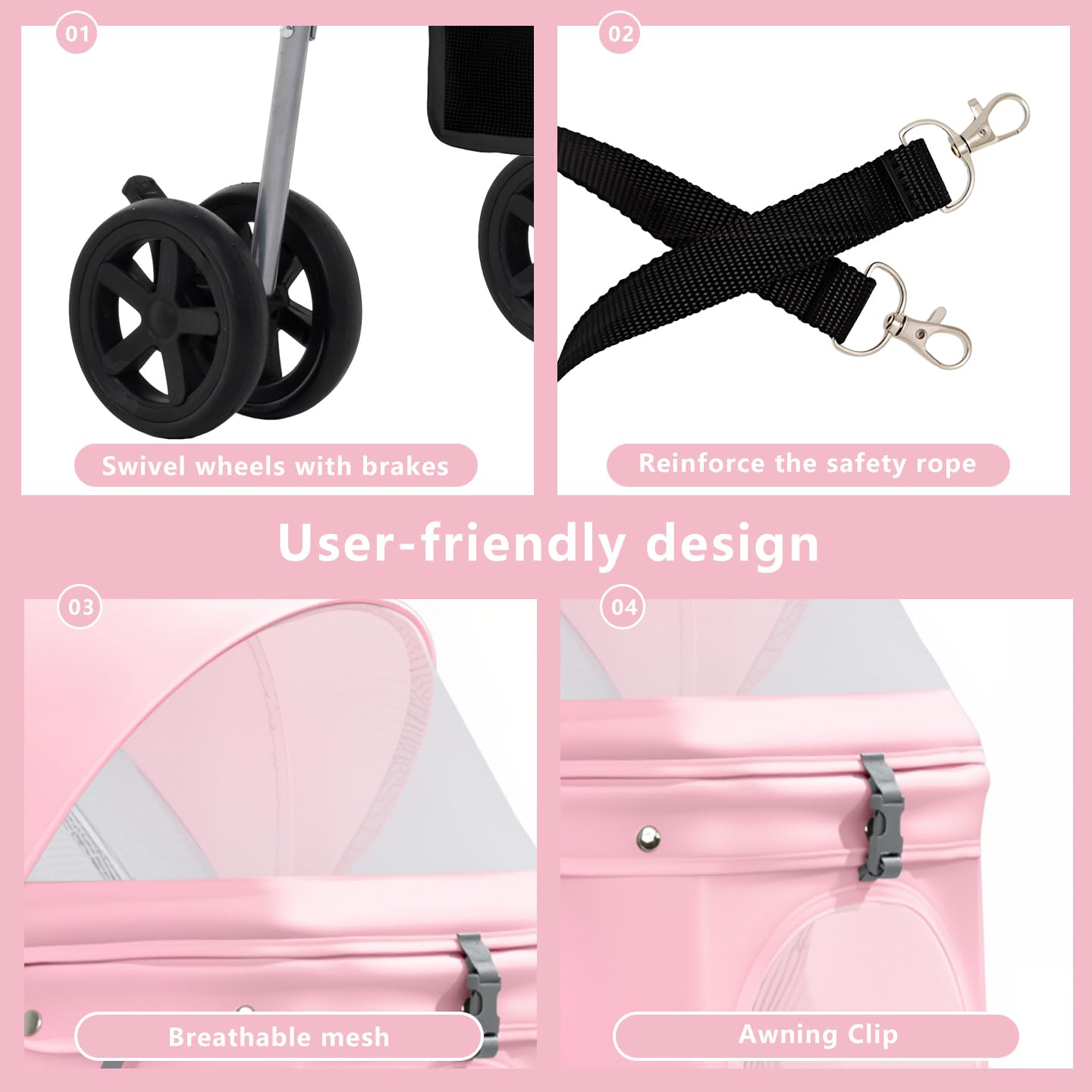 Pet Stroller for Small/Medium Dogs and Cats, Foldable 3 Wheel Jogger with One-Click Fold, Breathable Mesh, Storage Basket, Cup Holder, Weather Cover, (Pink)
