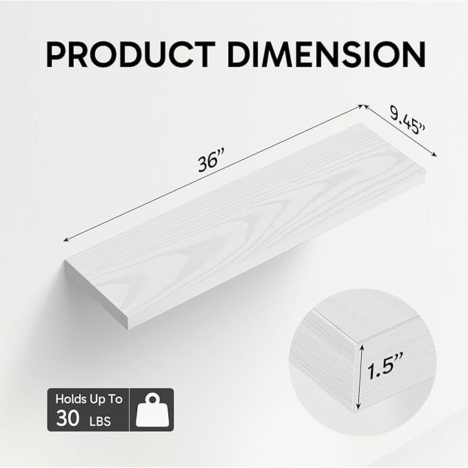 BAYKA White Floating Shelves for Wall, Set of 3, 36 Inches Long Wall Mounted Rustic Wood Shelves for Bathroom, Bedroom, Living Room or Kitchen, Hanging Shelf for Book/Storage/Decor, 30lbs Capacity