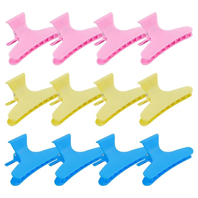 Hair Clips for Styling Sectioning 12 Pack Pink Yellow Blue Butterfly Clamps Hair Claw Clips Pro Salon Hair Clips for Styling, Sectioning, Cutting and Coloring