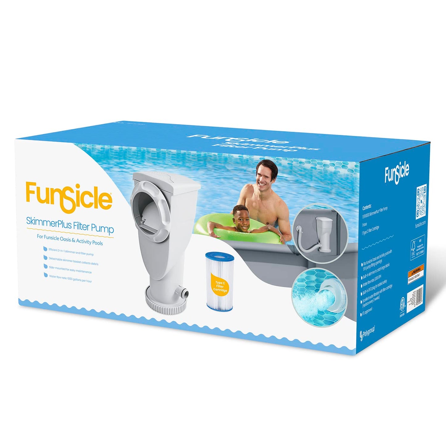 Funsicle SkimmerPlus 1000 GPH 2-in-1 Filter Pump and Skimmer System with Clamps and 1.5" Hose Fitting for Above Ground Swimming Pools