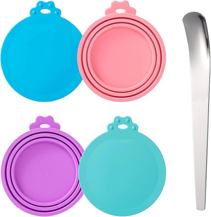 SLSON Pet Food Can Cover Universal Silicone Cat Dog Canned Food Lids with Spoon 1 Fit 3 Standard Size Can Tops (4)