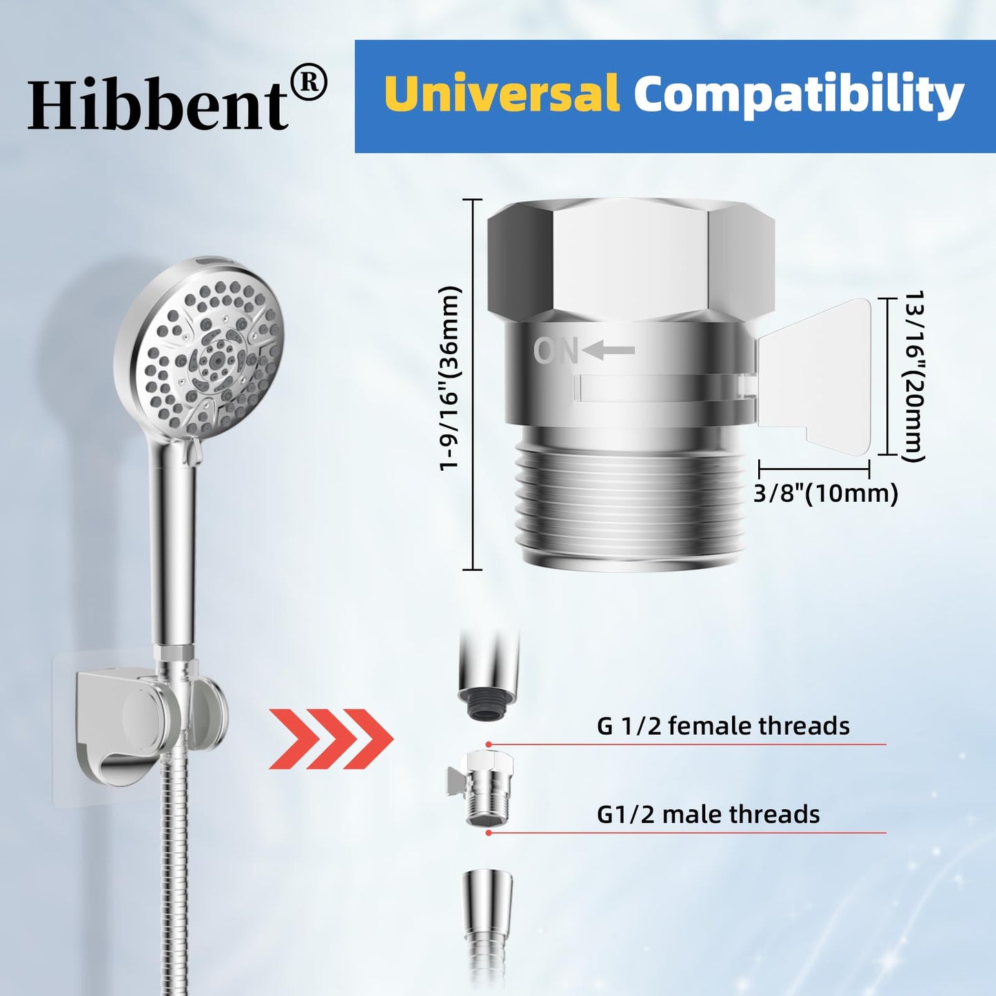 Hibbent All Metal 1 Pack Shower Head Flow Control Valve, G1/2 Brass Shut-off Valve with Metal Handle Lever, Shut OFF Water Flow Control Regulator for Handheld Shower, or Bidet Sprayer, Chrome