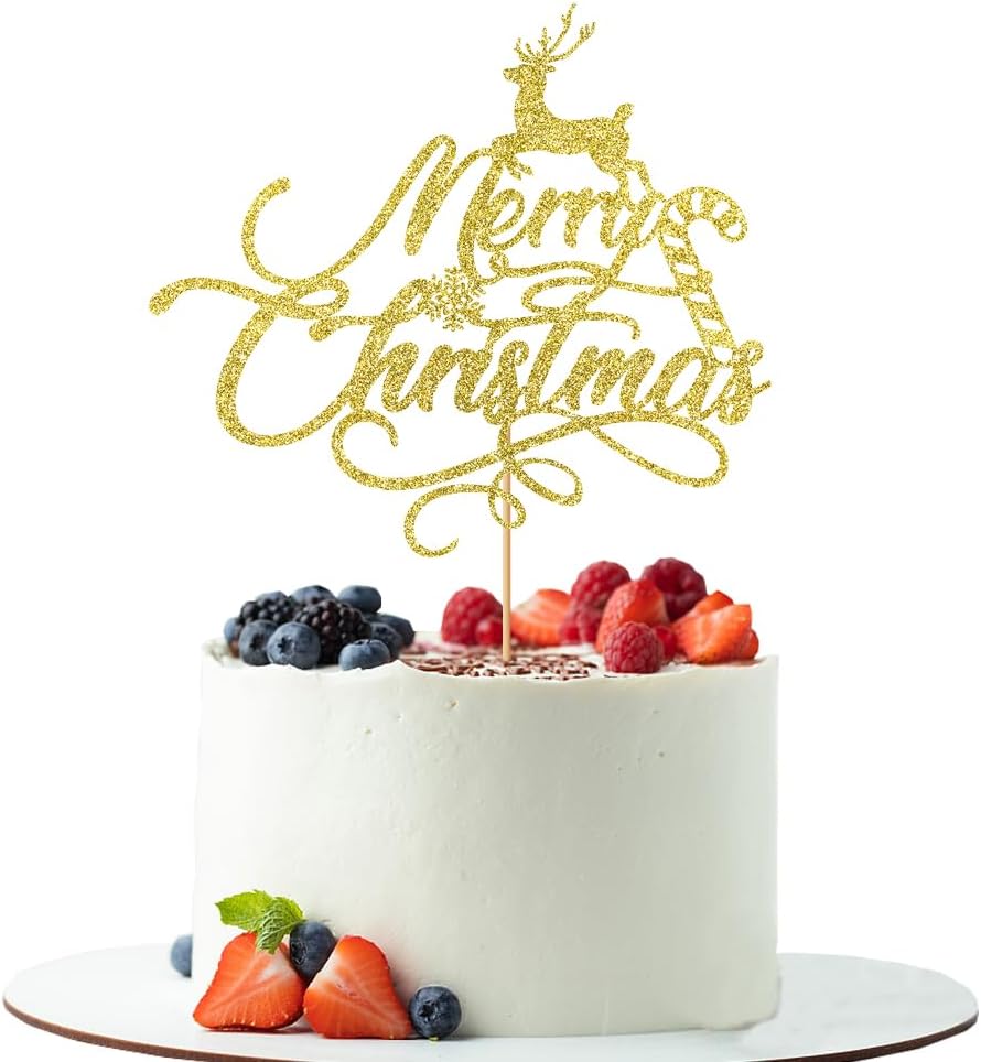 Merry Christmas Cake Topper，With Cute Reindeer Design Gold Glitter Cake Picks,Xmas New Year Holiday Christmas Party Supplies